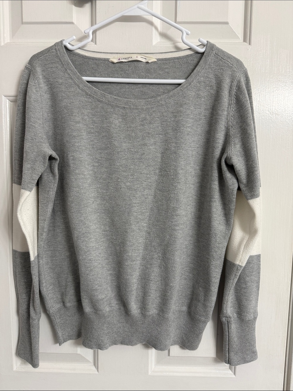 Athleta Light Gray Crewneck Sweater with Cream Elbow Panels